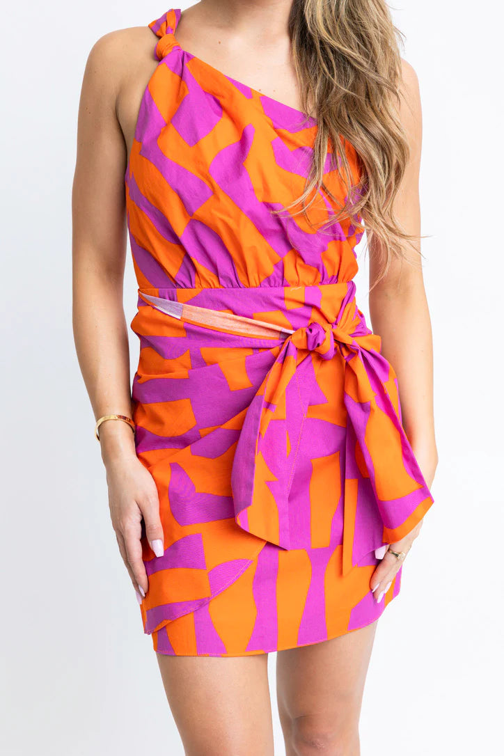 Geometric Poplin One Shoulder Dress - Orange