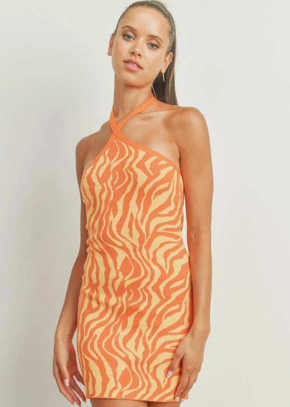 Zebra Print Halter Neck Sweater Dress - Orange