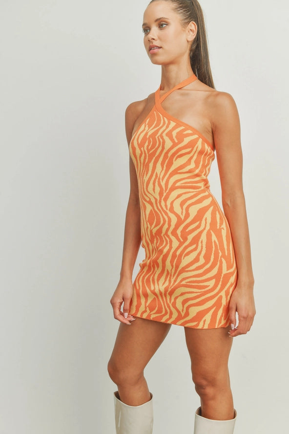 Zebra Print Halter Neck Sweater Dress - Orange