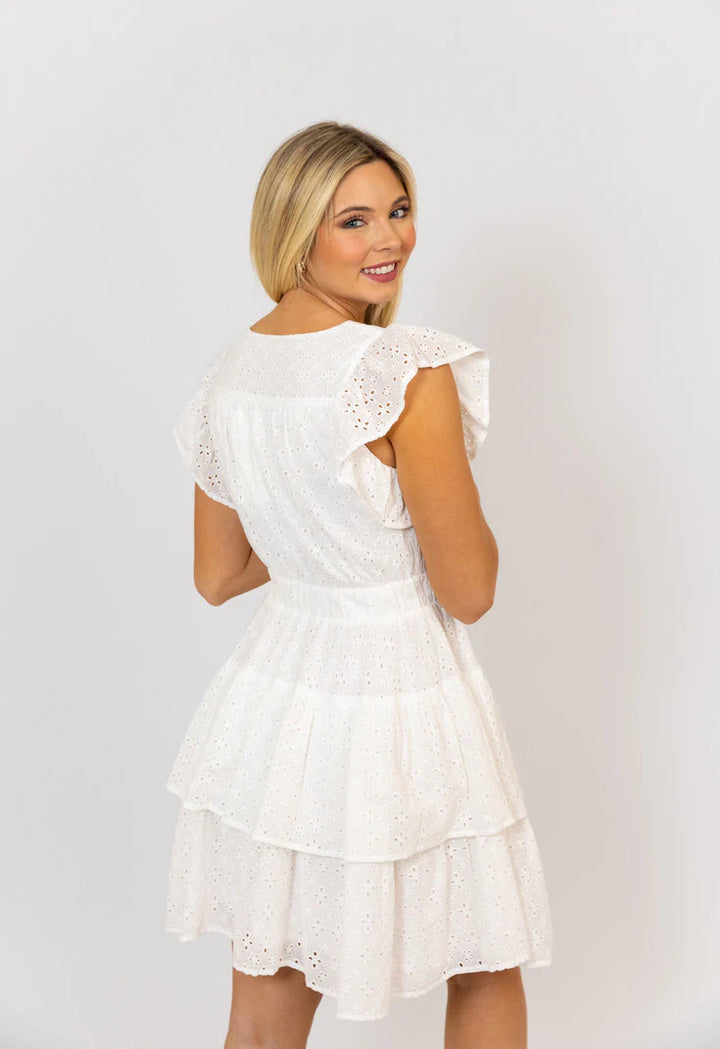 Eyelit V-neck Tier Dress - White