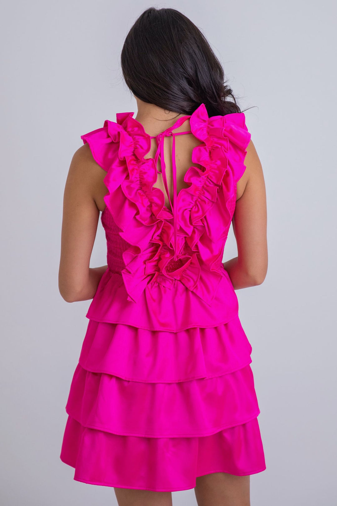 Karlie Satin Ruffle Dress-Hot Pink