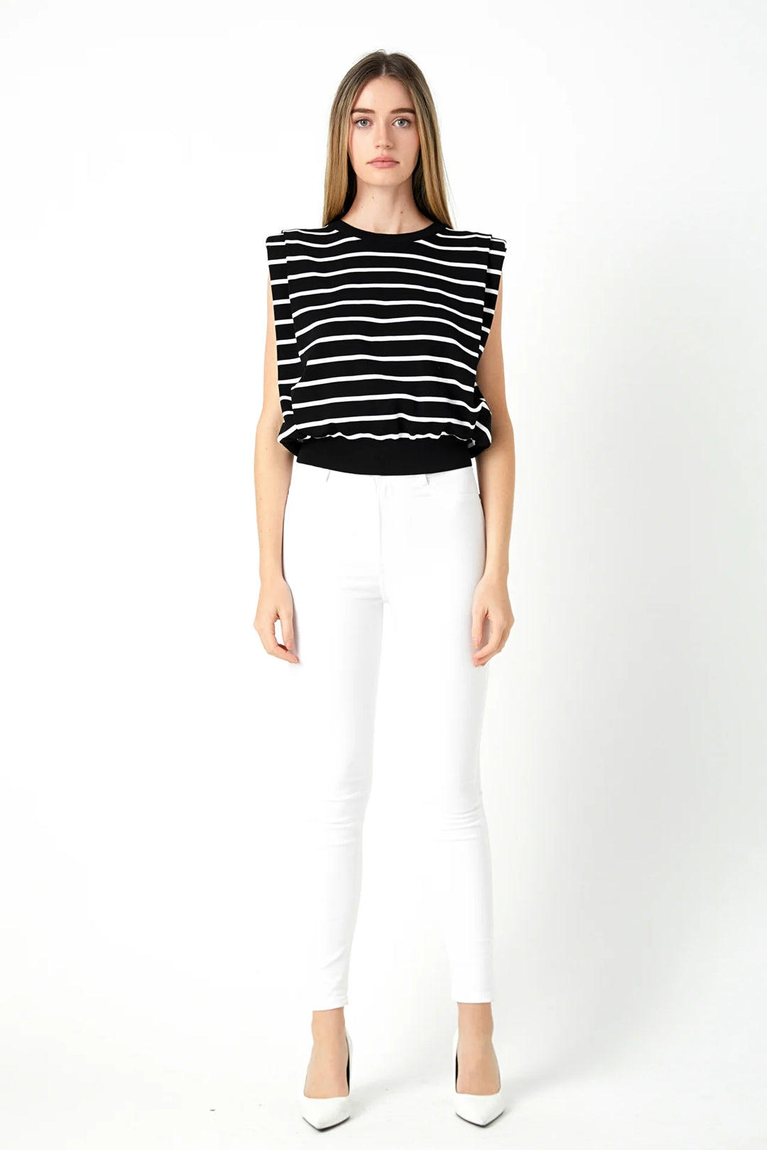 Stripe Sleeveless Pleated Knit Top-Black/White