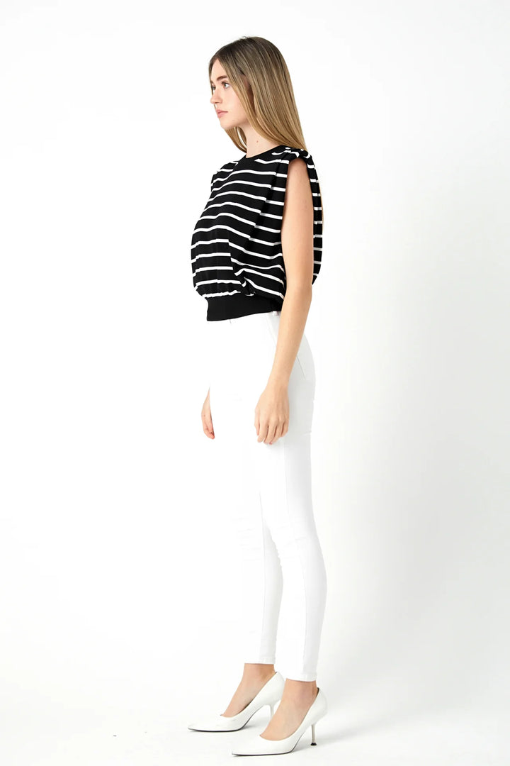 Stripe Sleeveless Pleated Knit Top-Black/White