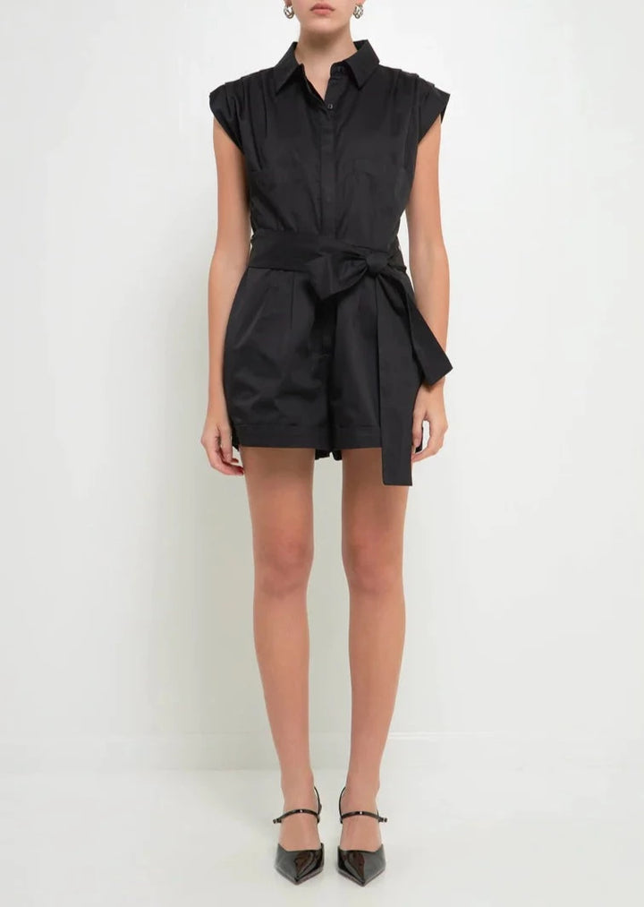 Shoulder Pleated Collared Romper