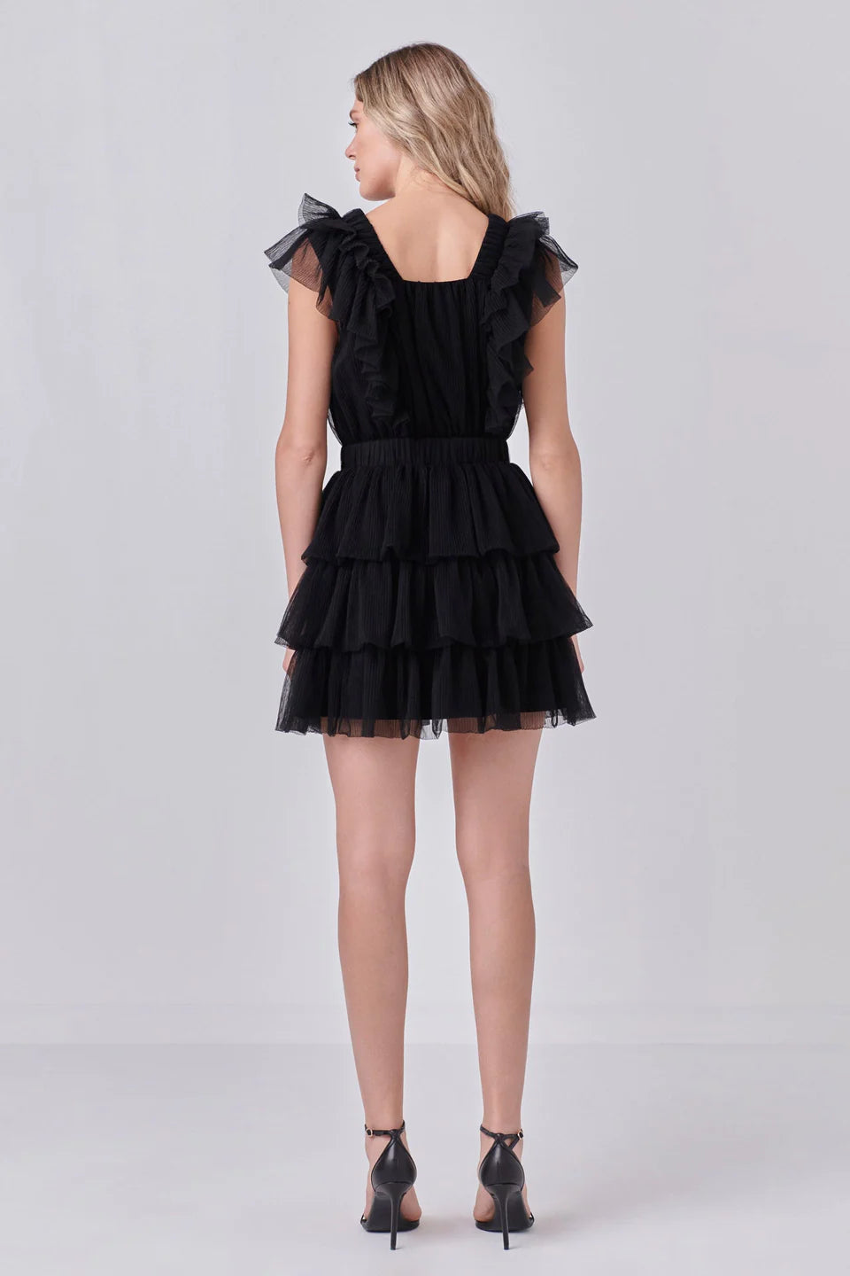 Tulle Ruffle Tiered Mini Dress-Black