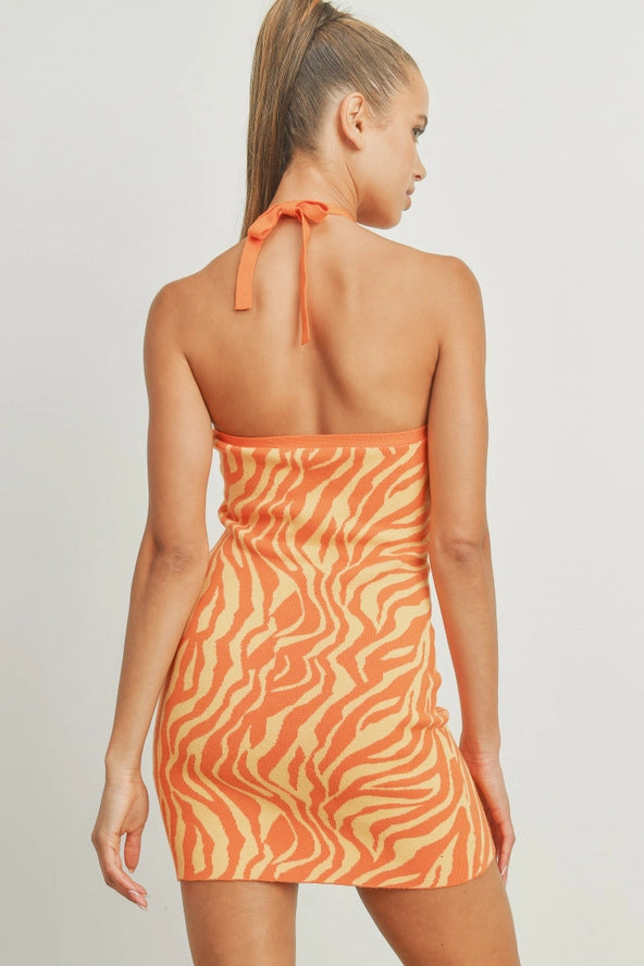 Zebra Print Halter Neck Sweater Dress - Orange