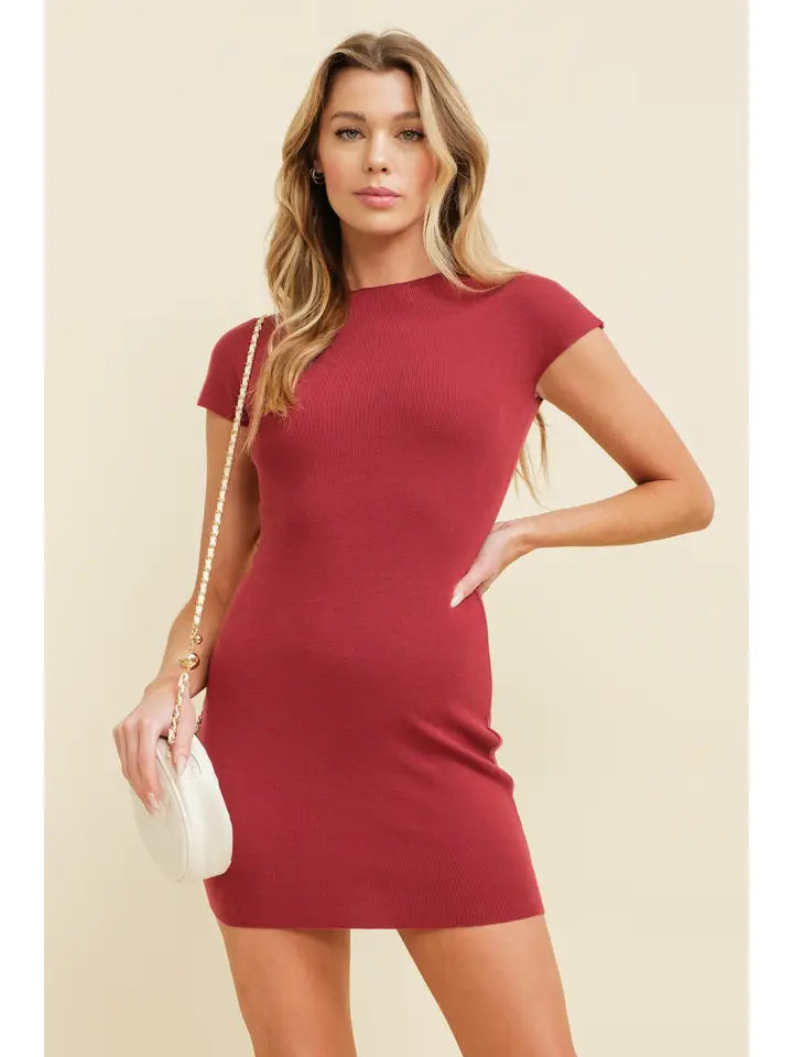 Knit Cap Sleeve Mini Dress - Maroon