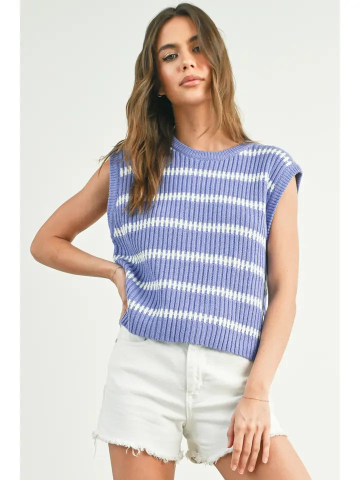 Crew Neck Striped Knit Tank - Lavender / Ivory