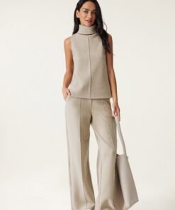 2Pcs Set Split Hem Top & High Waisted Straight Leg Pant