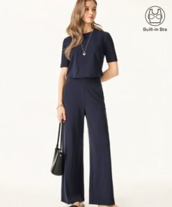 2Pcs Set Petite Mid Rise Wide Leg Pants with Pockets & Crewneck Brami with Banded Hem
