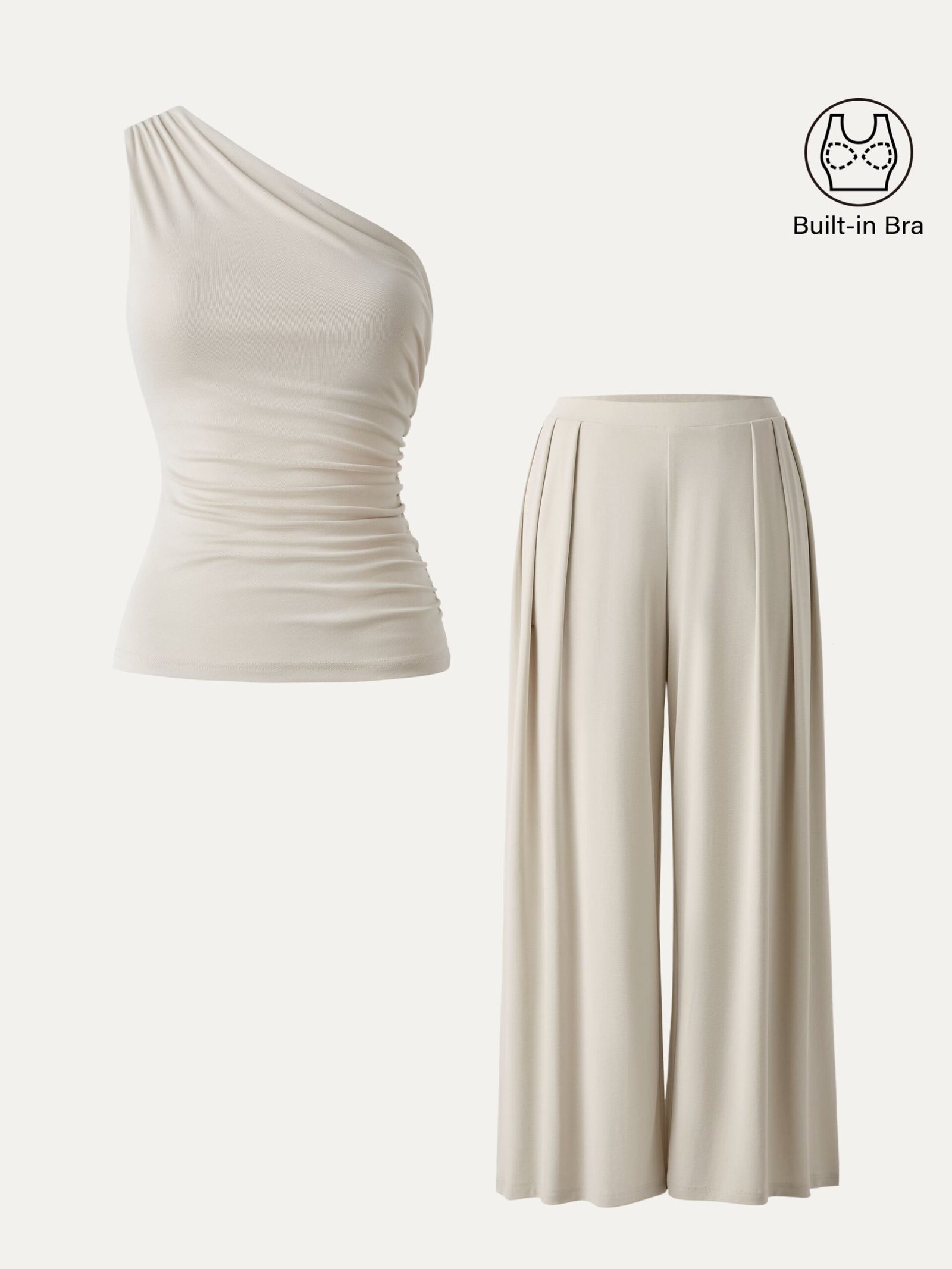 2Pcs Set Sandwashed Ruched Brami & Mid Rise Wide Leg Palazzo Pants with Pockets - Image 2
