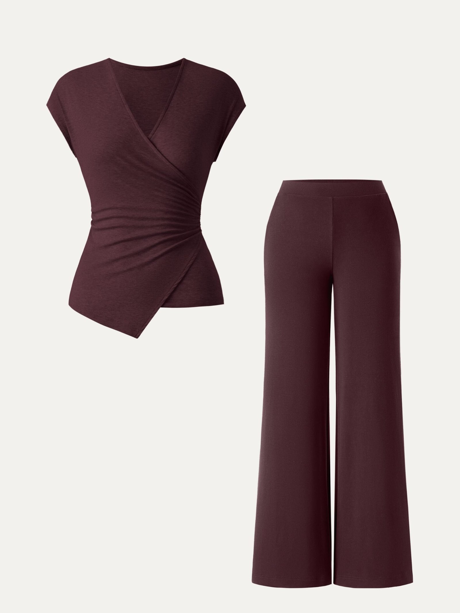 2Pcs Set Lyocell Wool Surplice Cap Sleeve Top & Mid Rise Wide Leg Pants with Pockets - Image 11