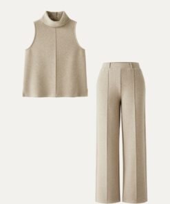 2Pcs Set Petite High Waisted Straight Leg Pant & Split Hem Top