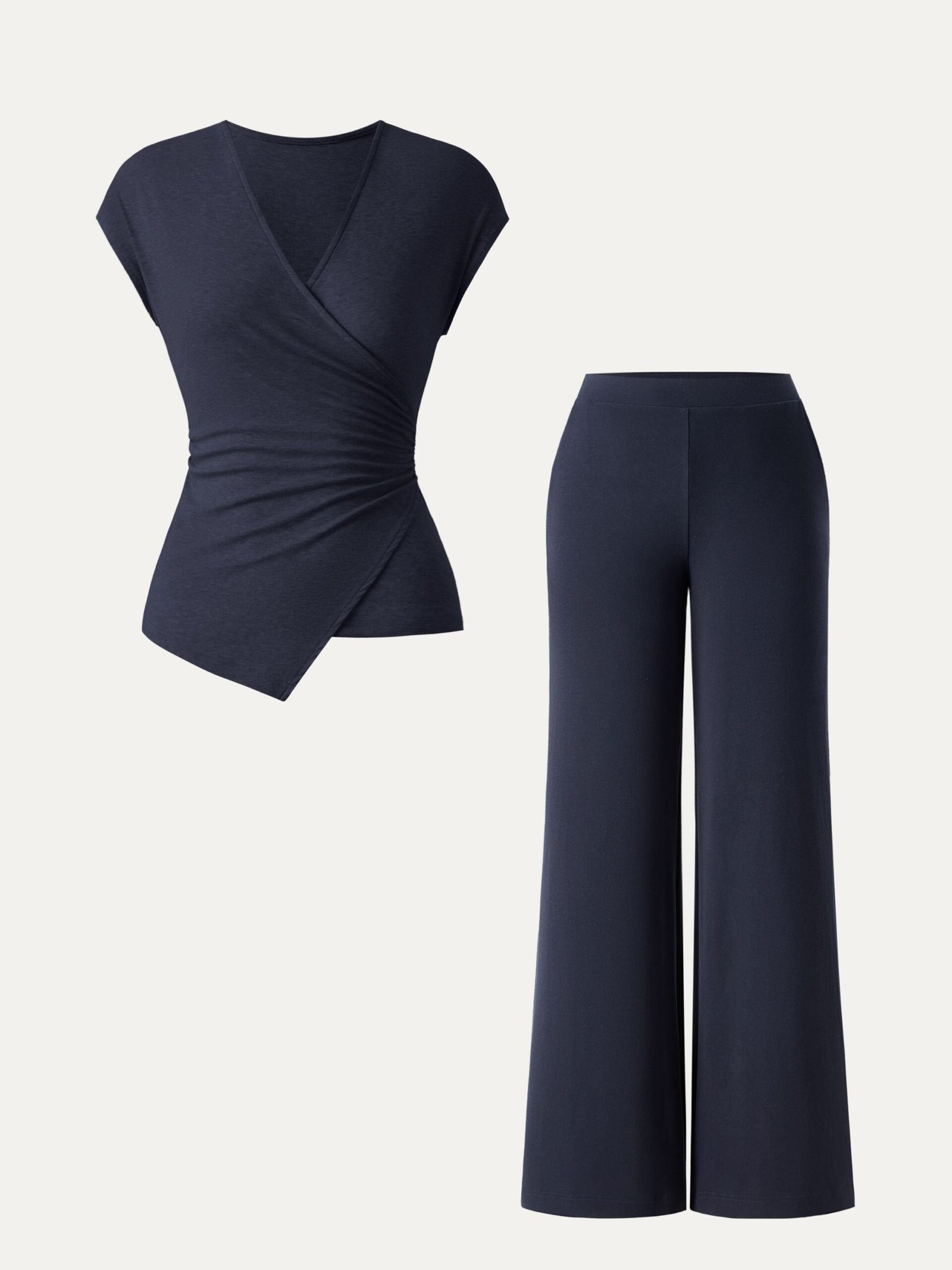 2Pcs Set Lyocell Wool Surplice Cap Sleeve Top & Mid Rise Wide Leg Pants with Pockets - Image 13