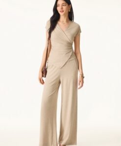 2Pcs Set Lyocell Wool Surplice Cap Sleeve Top & Mid Rise Wide Leg Pants with Pockets