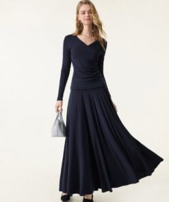 2Pcs Set Surplice Ruched Long Sleeve & Godet Hem Pull-on Maxi Skirt